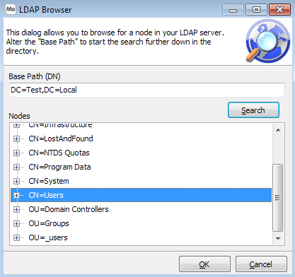 This image shows the LDAP Browser dialog with the list of available nodes displayed.